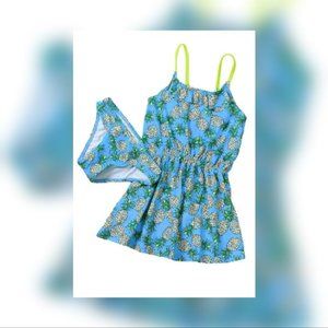 Blue Pineapple Print Little Girls Swimdress